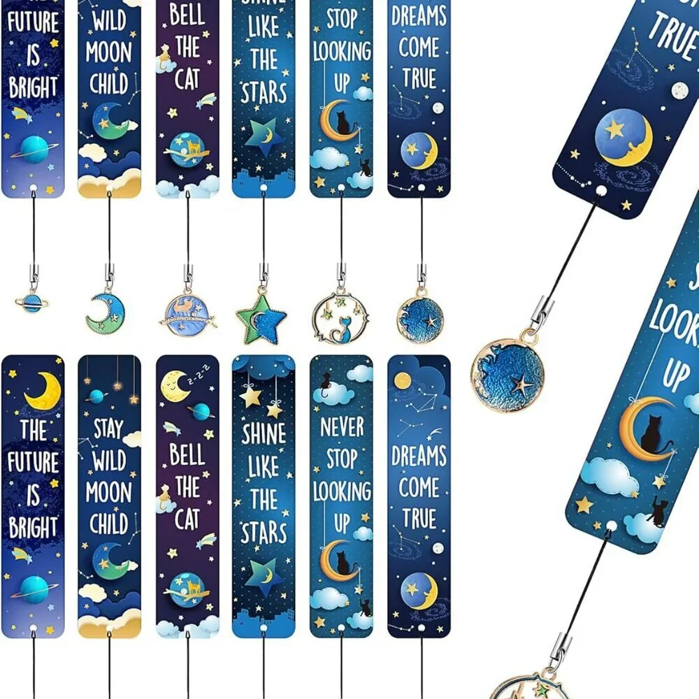 12 Pcs Space Bookmarks with Metal Charms Cat Moon Star Celestial Bookmarks for C